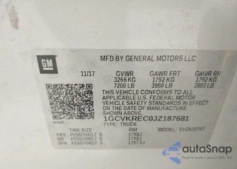 2018 Chevrolet Silverado 1500 1Lt z USA, uszkodzony, nr VIN 1GCVKREC0JZ187681